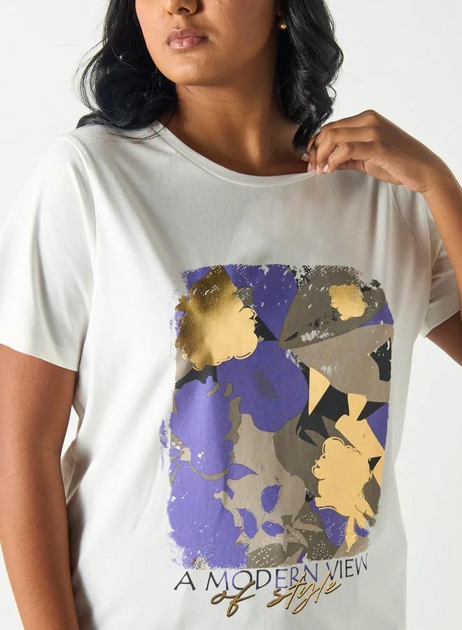 Ulla Popken Plus Size Ulla Popken Graphic Print Crew Neck T-shirt with Short Sleeves